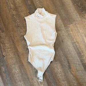 Abercrombie & Fitch Ribbed High Neck Top in Light Beige